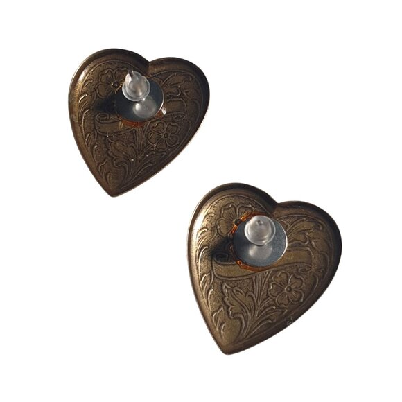 Vintage Heart Shaped Floral Stud Earrings Engraved Design Metal Post Mom Gift - Picture 3 of 3